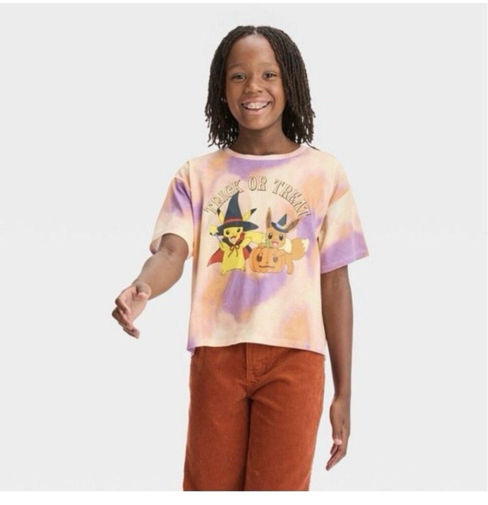 Pokemon Girls Pink Tie Dye Cropped Pikachu Halloween T-Shirt Size XL